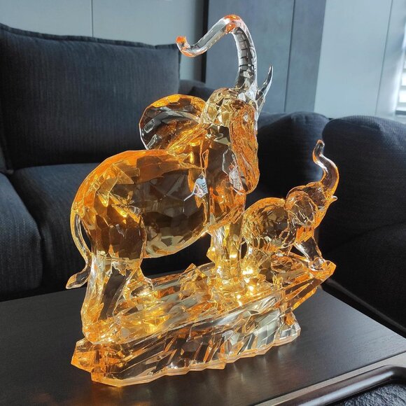 Large Crystal Elephant Sculpture with Baby Elephant, Golden Accents - Picture 2 of 10